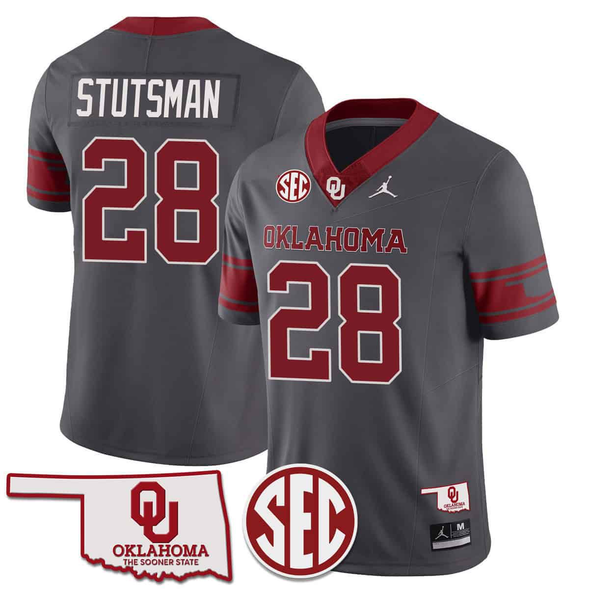 Men Oklahoma Sooners 28 Stutsman Grey 2024 SEC Patch Vapor Premier Limited NCAA Jersey
